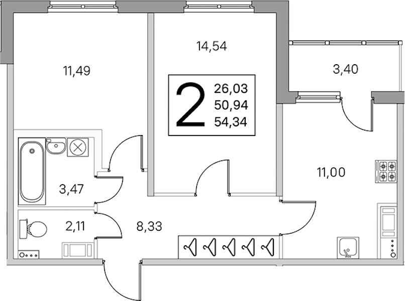 2-комнатная квартира 52.64 м², 2/4 эт., ЖК «Любоград в Стрельне»